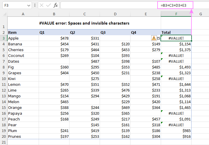 VALUE errors caused by invisible characters in Excel formulas