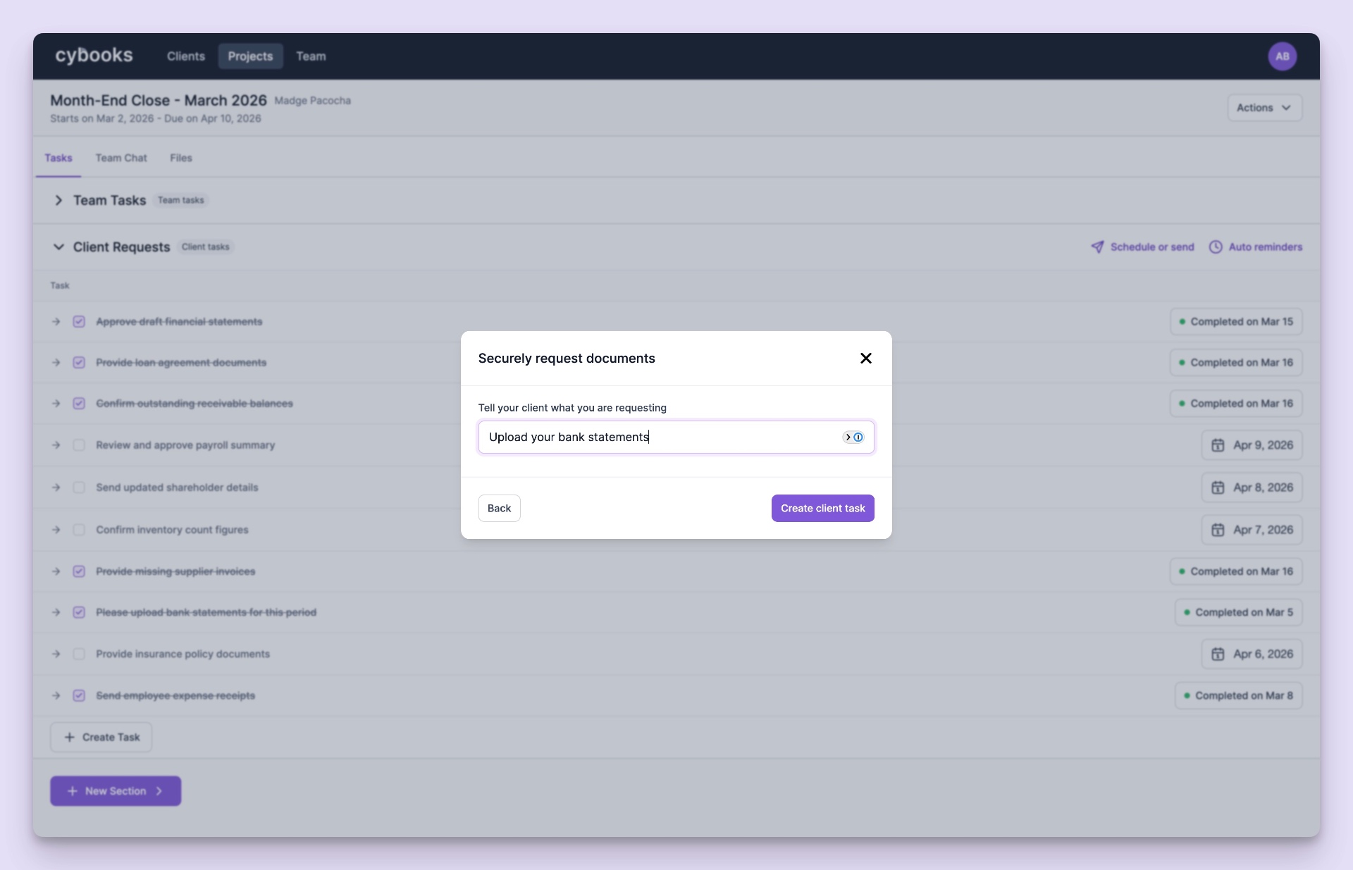 Secure document requests and task management between your team and the accountant