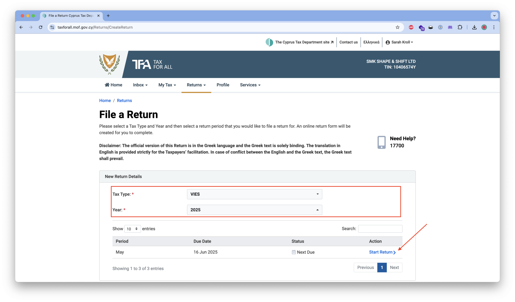 Select the VAT period on the Tax for All portal