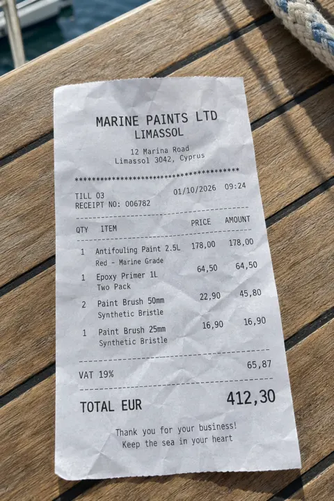 A photo of the Marine Paints receipt, €412,30