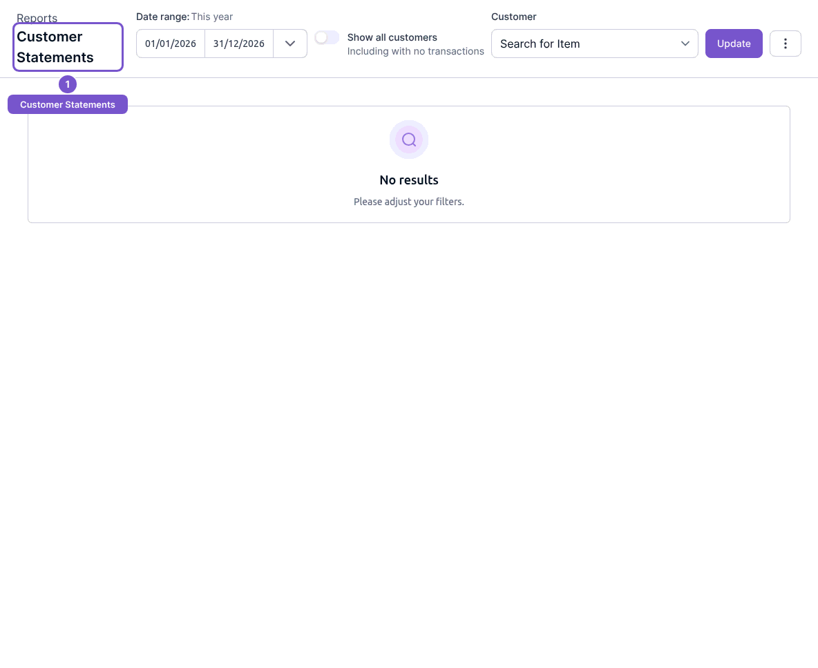 Customer Statements with date range, Show all customers, Customer filter and no results.