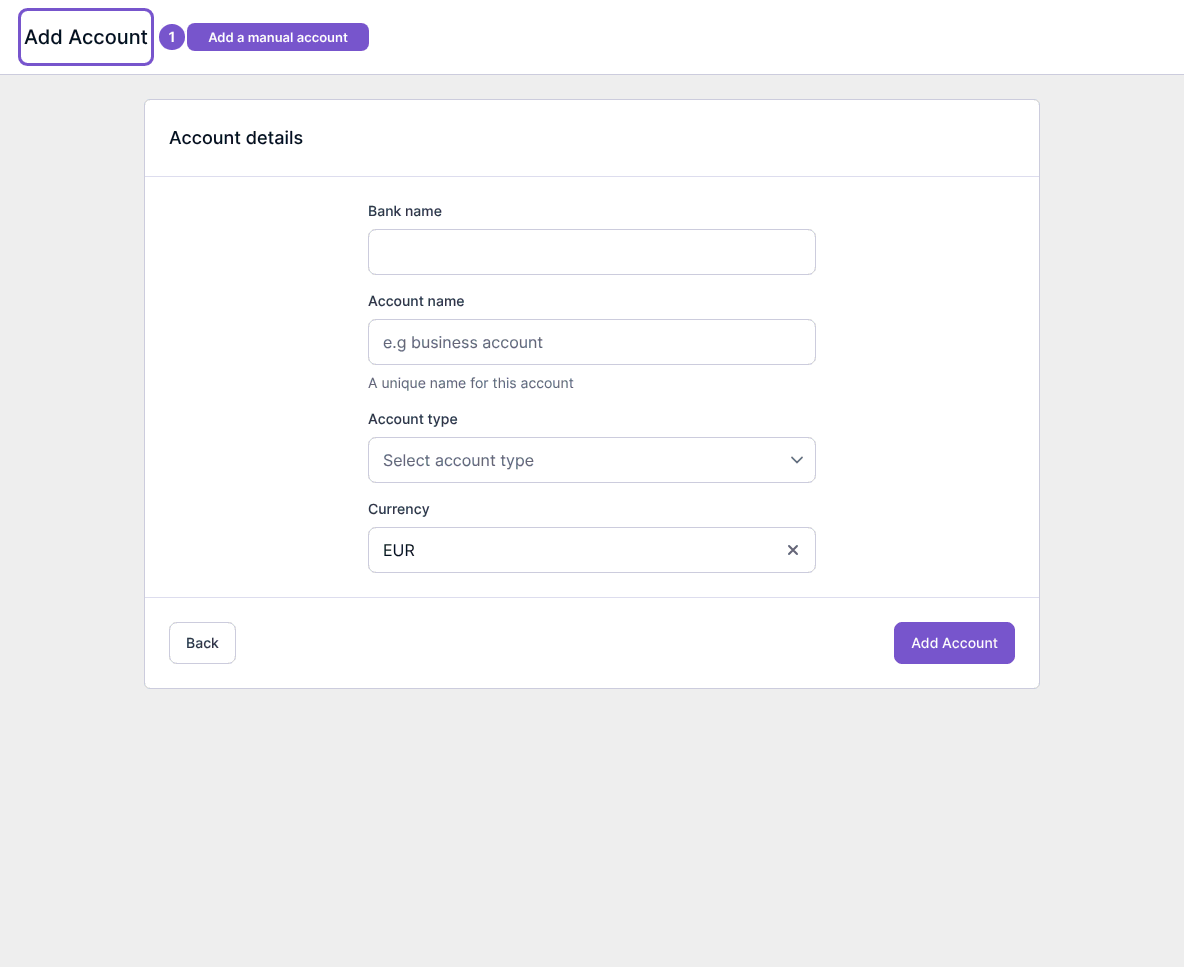 Add Account form with bank name, account name, account type and currency.