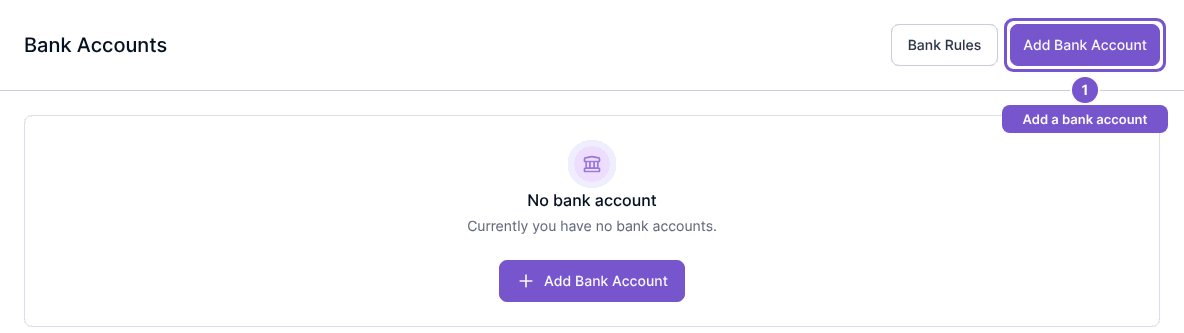 Empty Bank Accounts page with Add Bank Account highlighted.