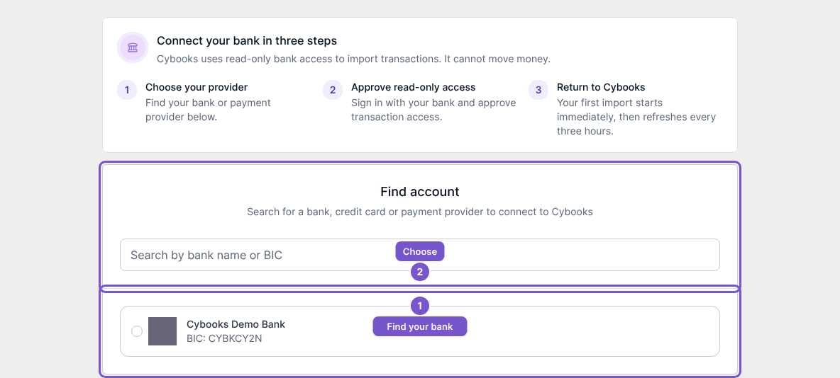 Find account page with bank search and an available provider choice.