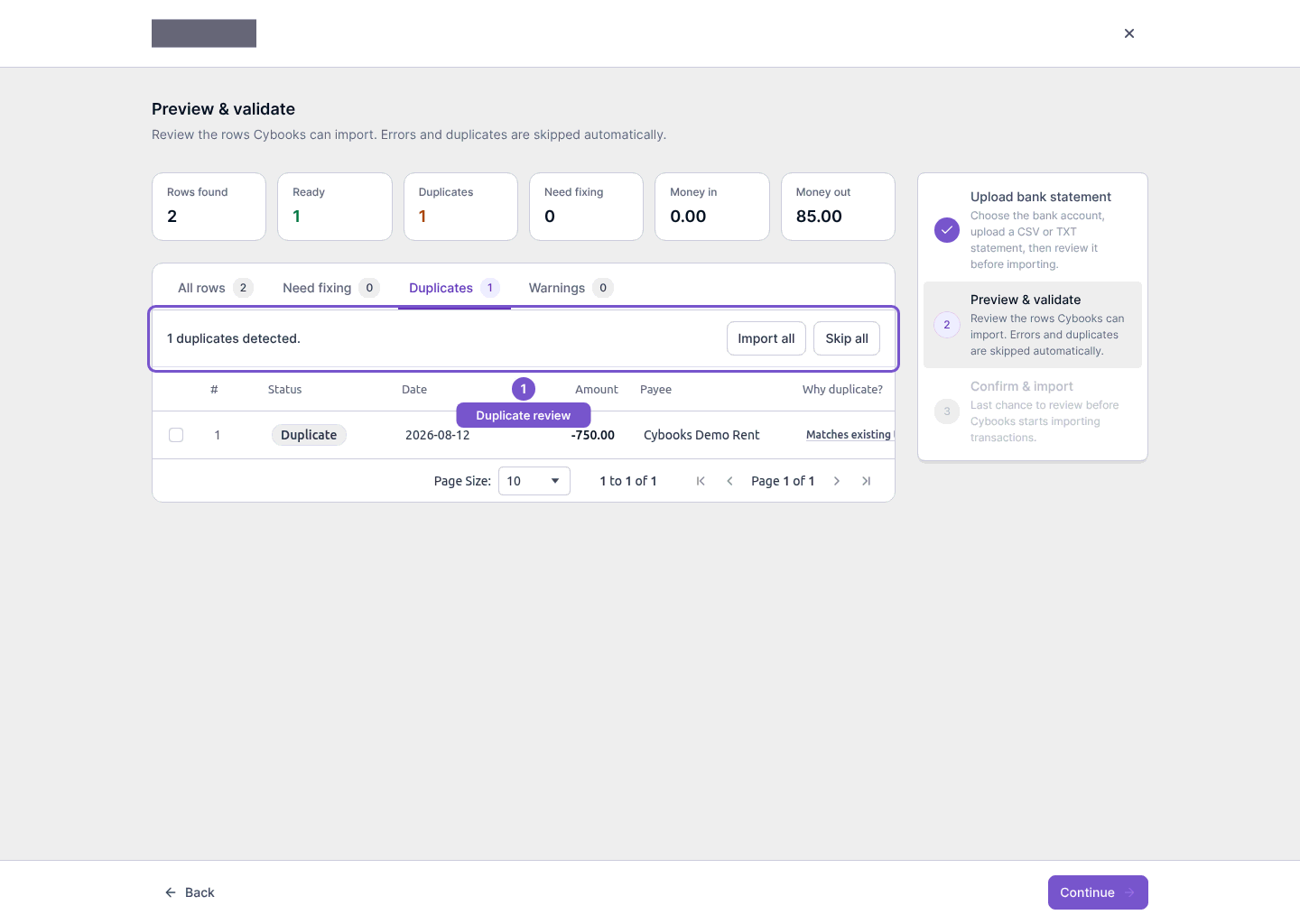 Statement preview with the Duplicates tab selected and one existing transaction flagged