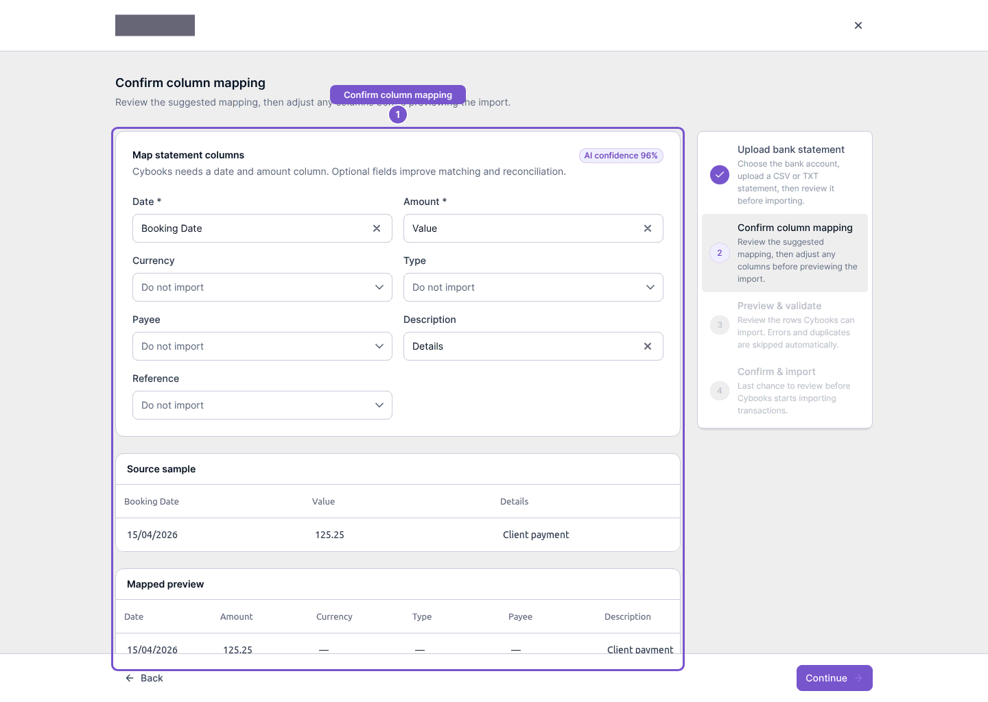 Column mapping screen with required Date and Amount selections, source sample and mapped preview