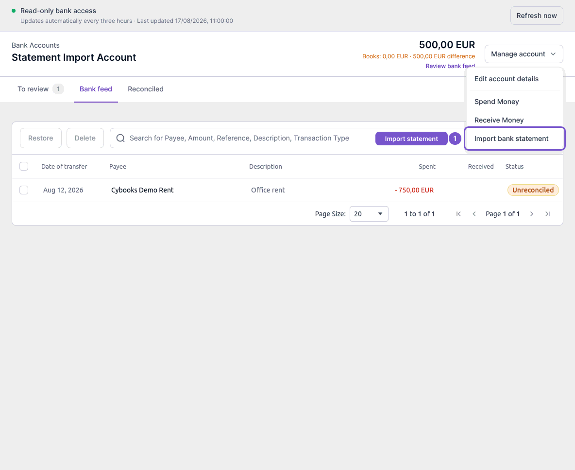Bank feed with Manage account open and Import bank statement highlighted
