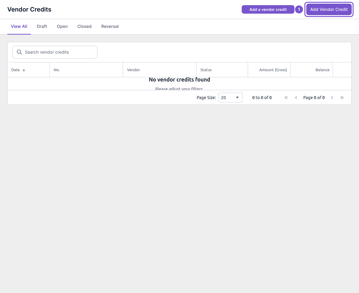 Vendor Credits list with Add Vendor Credit highlighted