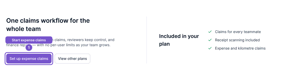 Expense claims setup page with Set up expense claims highlighted