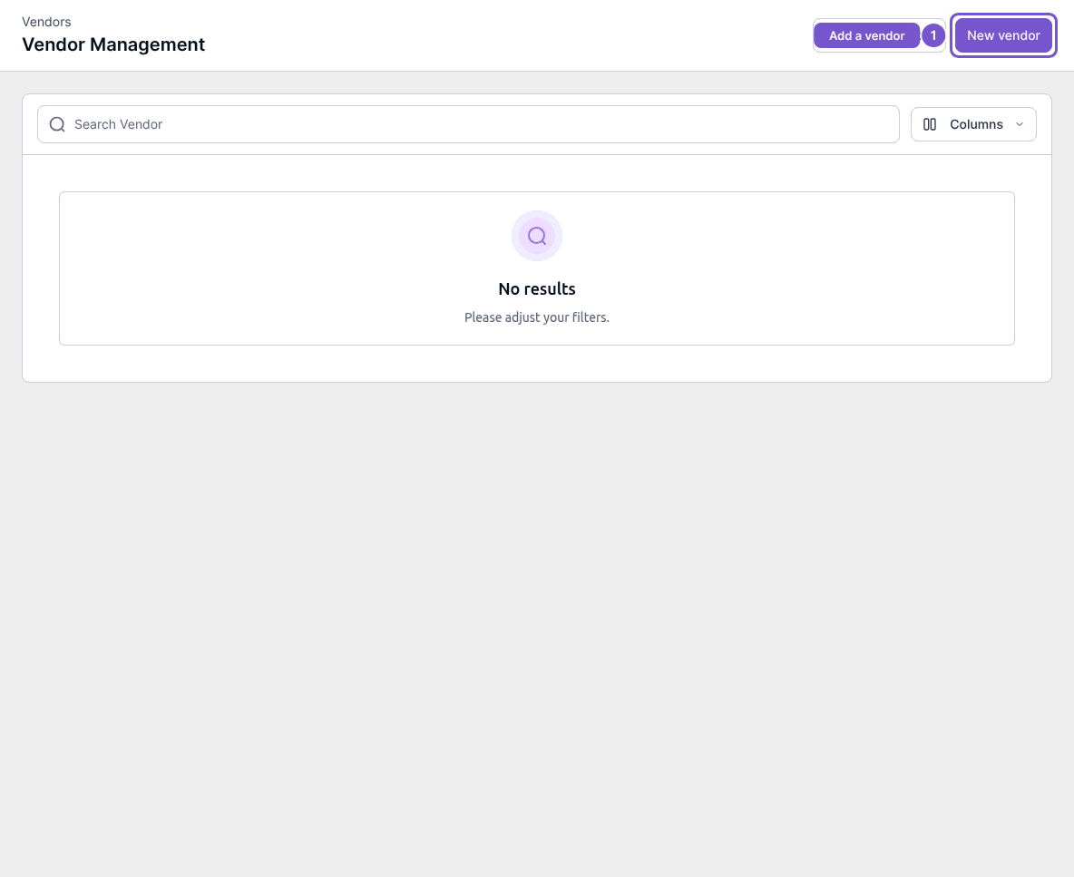 Vendor Management list with New vendor highlighted