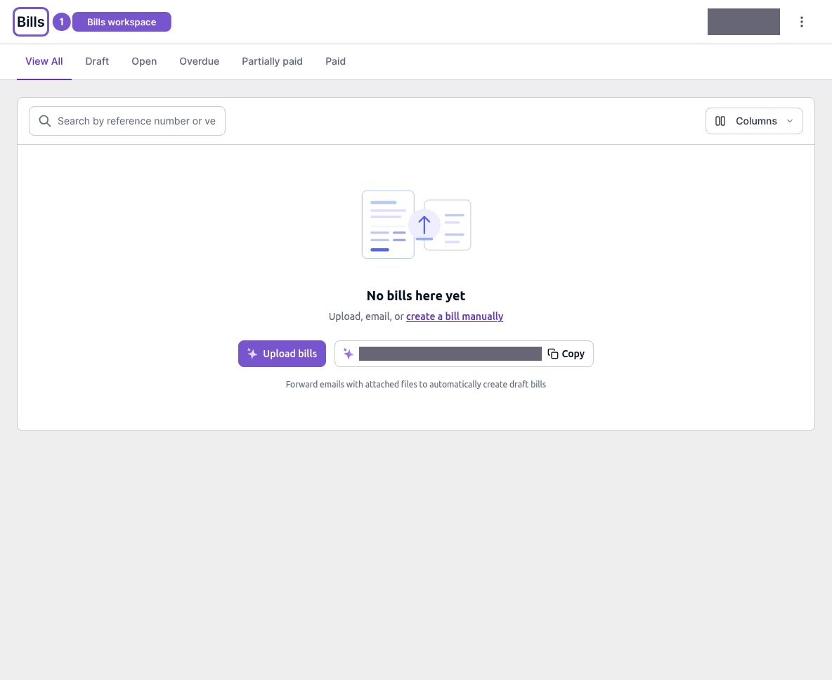 Bills workspace with status tabs and an empty list